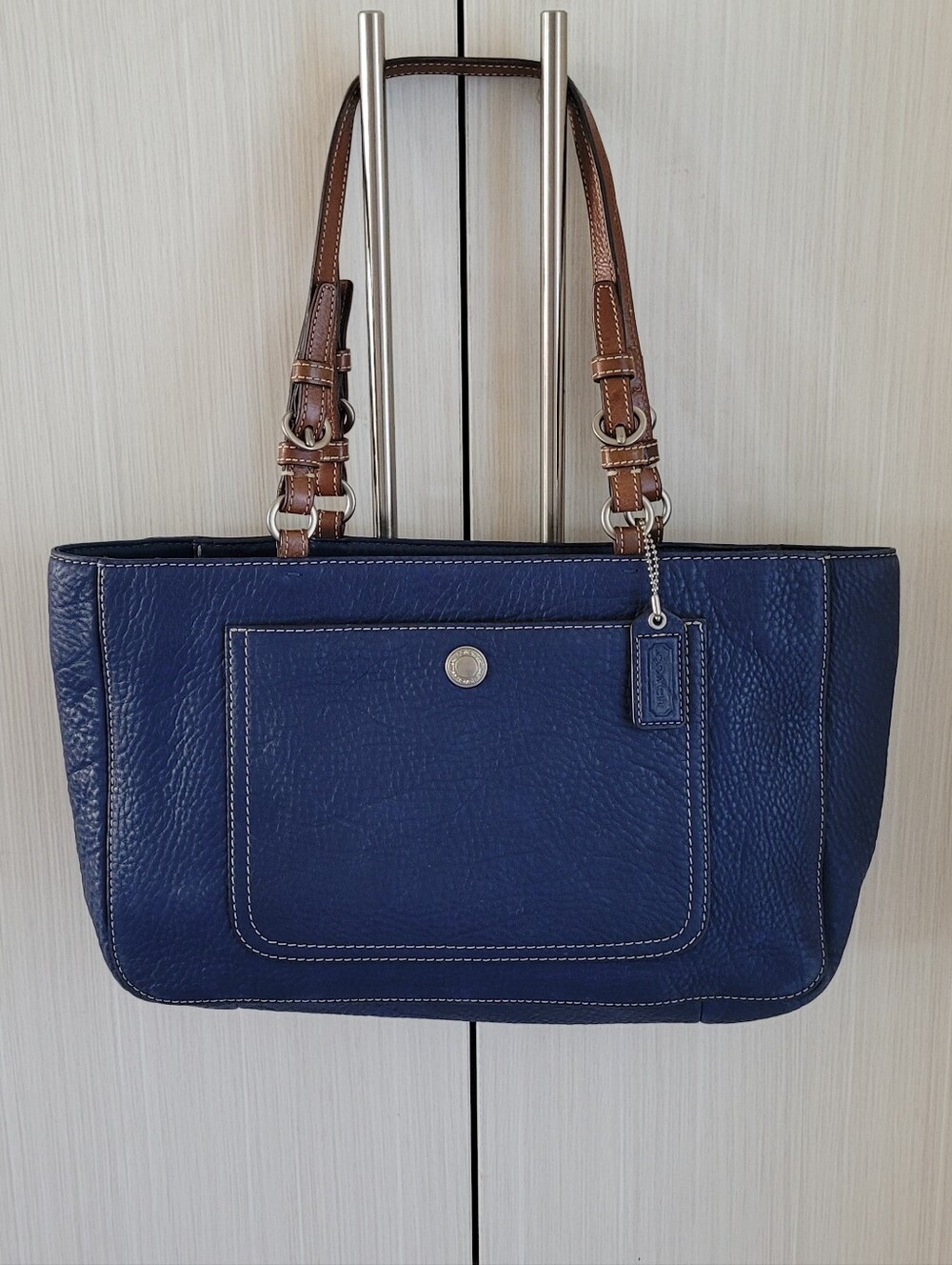Navy COACH Leather Bag with Brown Straps